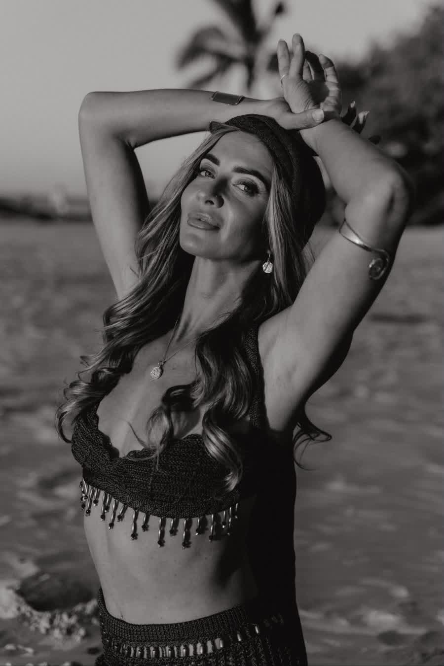 Bryony on the beach, black and white portrait