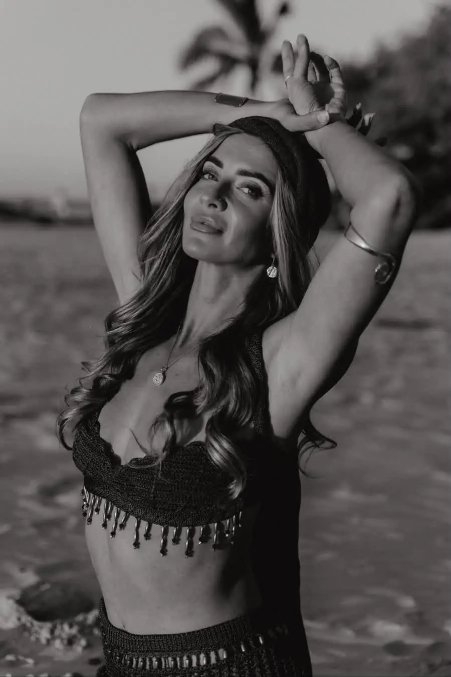 Bryony on the beach, black and white portrait